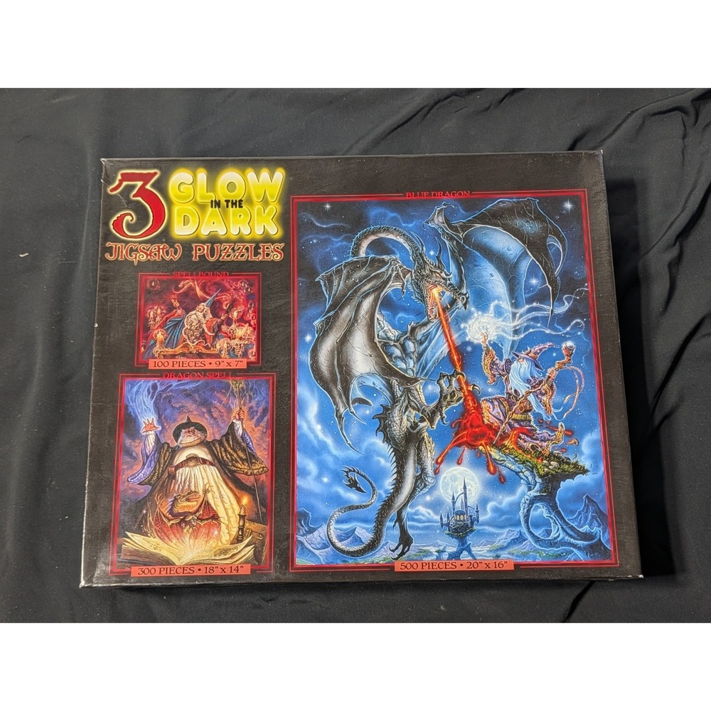 Vtg 2003 Ceaco 3 Glow in the Dark Jigsaw Puzzles Set Wizards Dragons Sealed